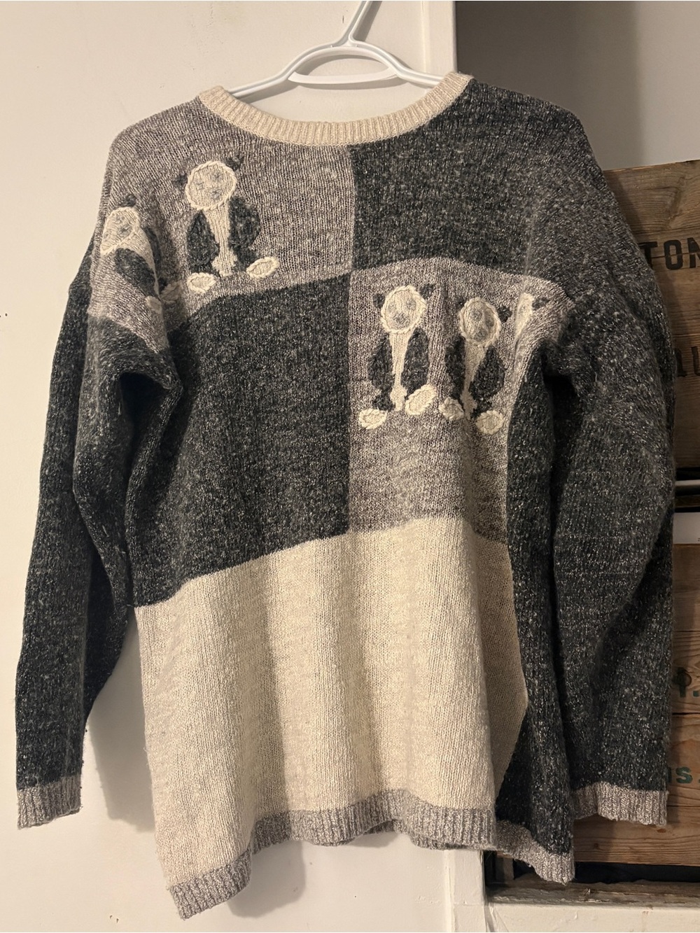 Vintage 80s/90s Cozy Patchwork Silk Blend Knit Bear Sweater Size Large